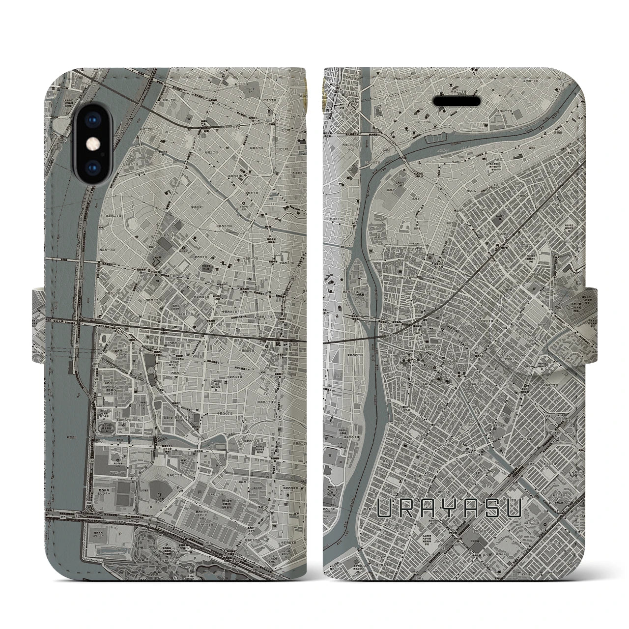 【浦安(千葉県)】地図柄iPhoneケース(手帳タイプ)モノトーン・iPhone XS / X 用