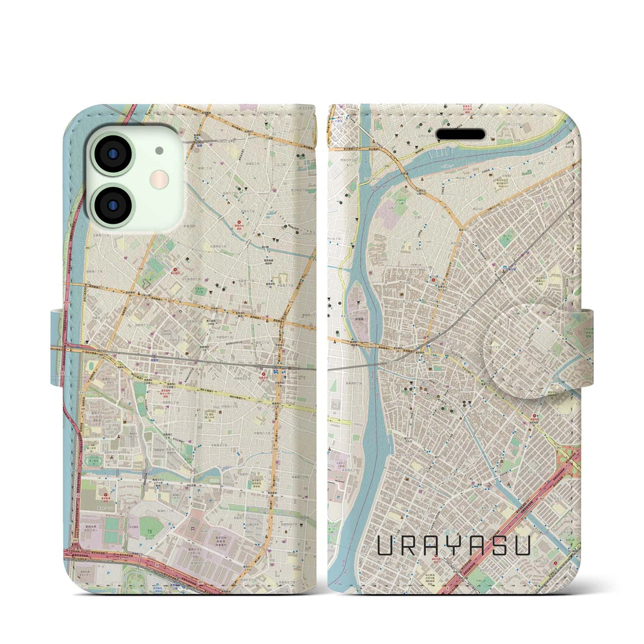 【浦安(千葉県)】地図柄iPhoneケース(手帳タイプ)ナチュラル・iPhone 12 mini 用