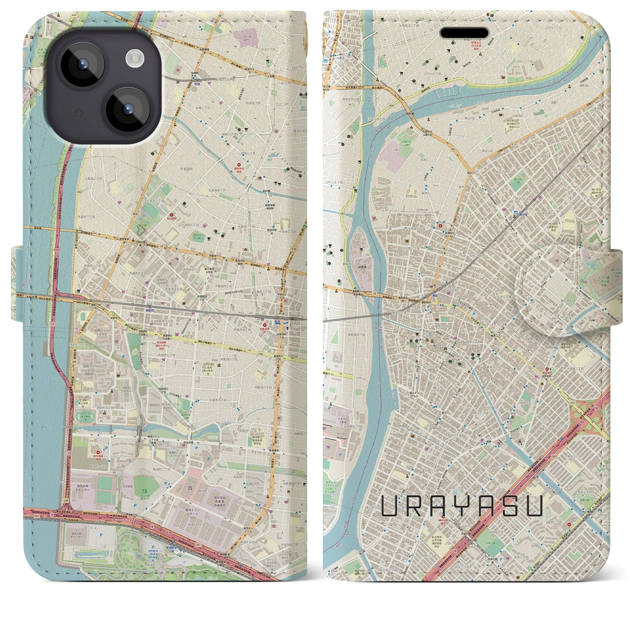 【浦安(千葉県)】地図柄iPhoneケース(手帳タイプ)ナチュラル・iPhone 14 Plus 用