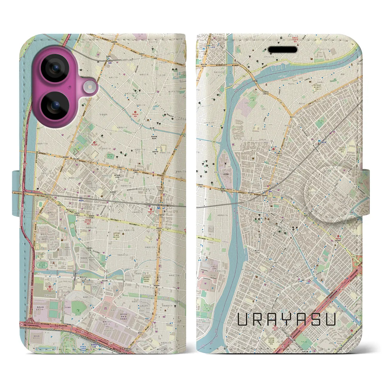 【浦安(千葉県)】地図柄iPhoneケース(手帳タイプ)ナチュラル・iPhone 16 Pro 用