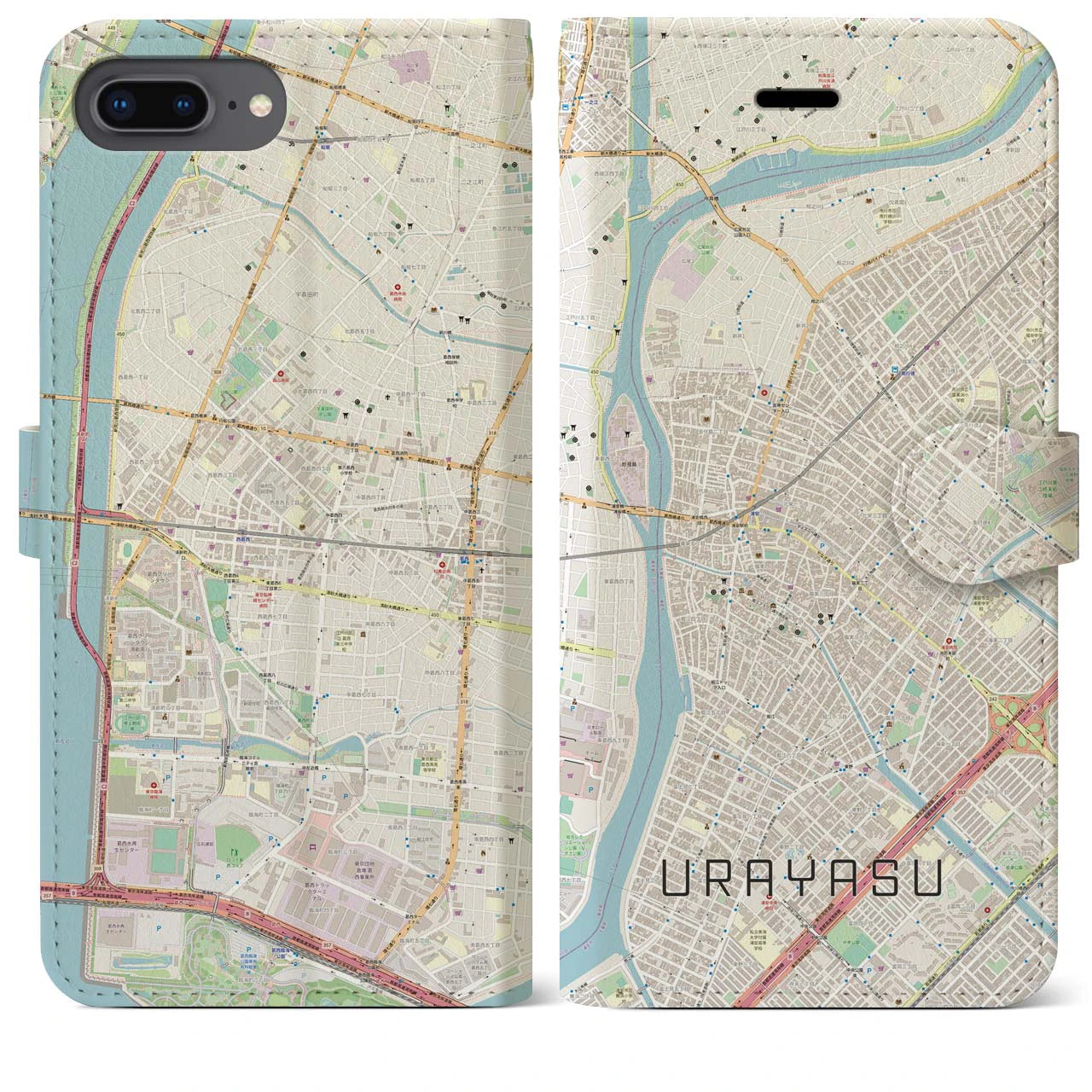 【浦安(千葉県)】地図柄iPhoneケース(手帳タイプ)ナチュラル・iPhone 8Plus /7Plus / 6sPlus / 6Plus 用