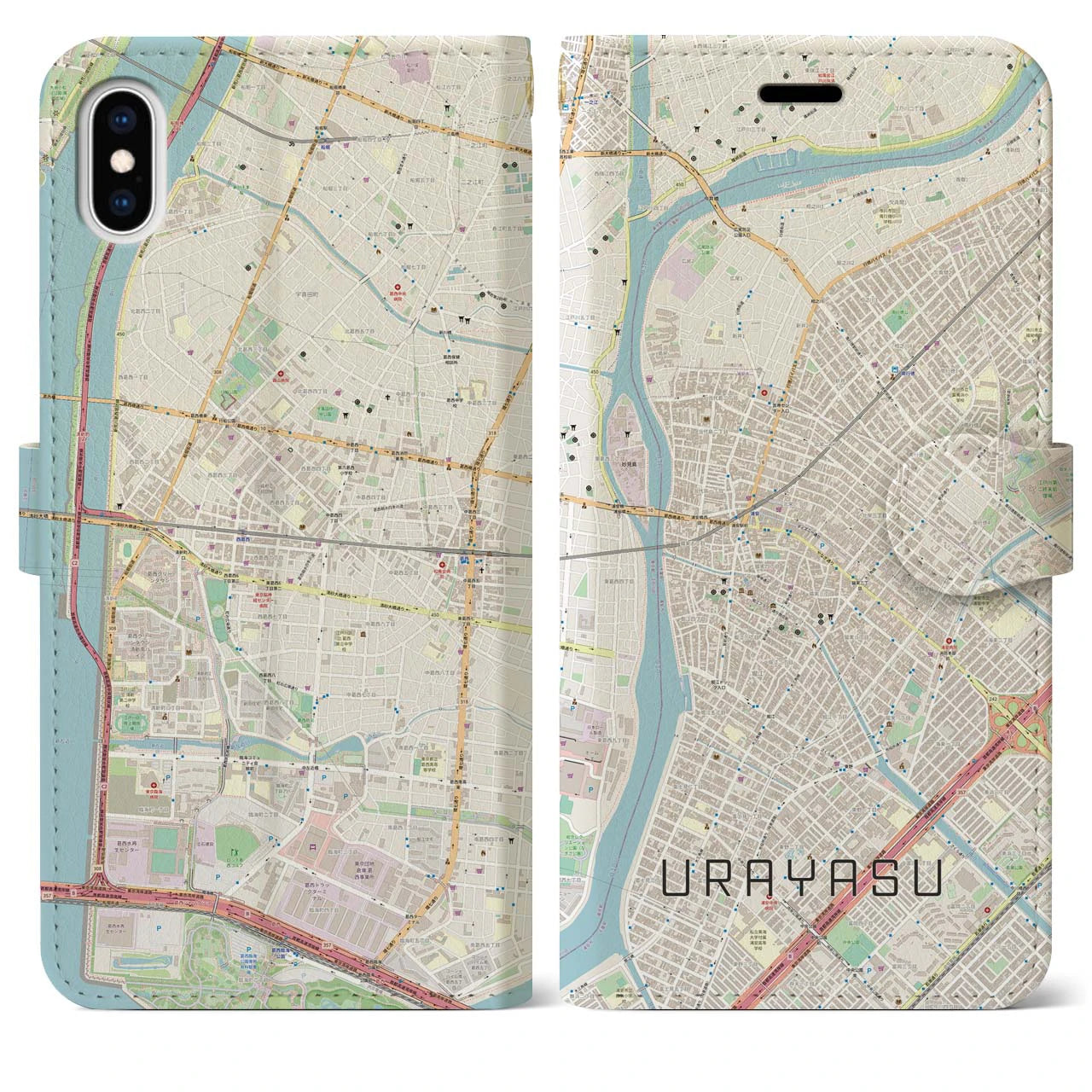 【浦安(千葉県)】地図柄iPhoneケース(手帳タイプ)ナチュラル・iPhone XS Max 用