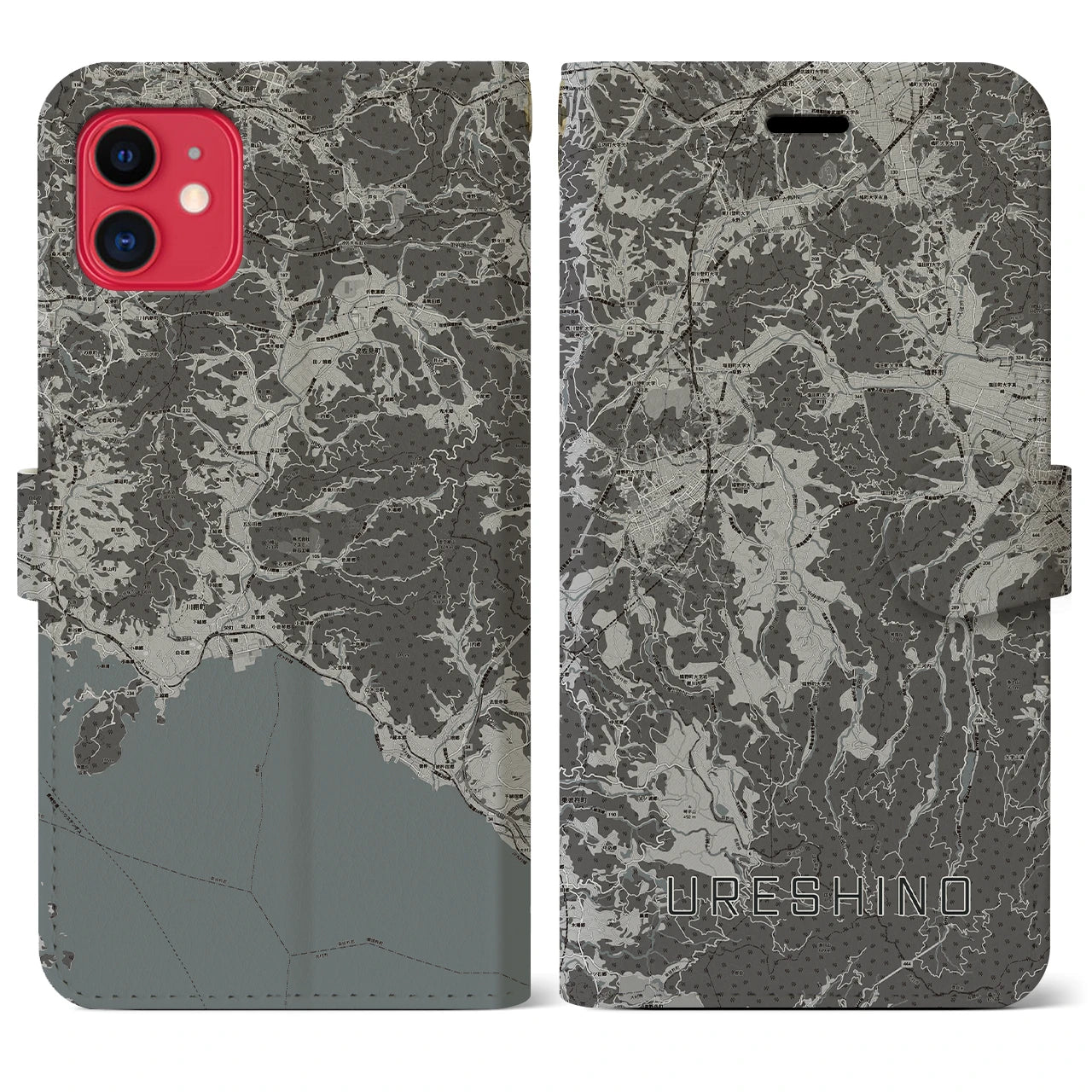 【嬉野(佐賀県)】地図柄iPhoneケース(手帳タイプ)モノトーン・iPhone 11 用