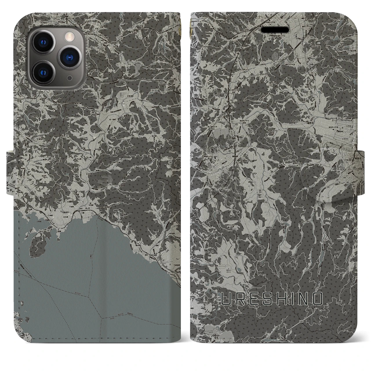 【嬉野(佐賀県)】地図柄iPhoneケース(手帳タイプ)モノトーン・iPhone 11 Pro Max 用