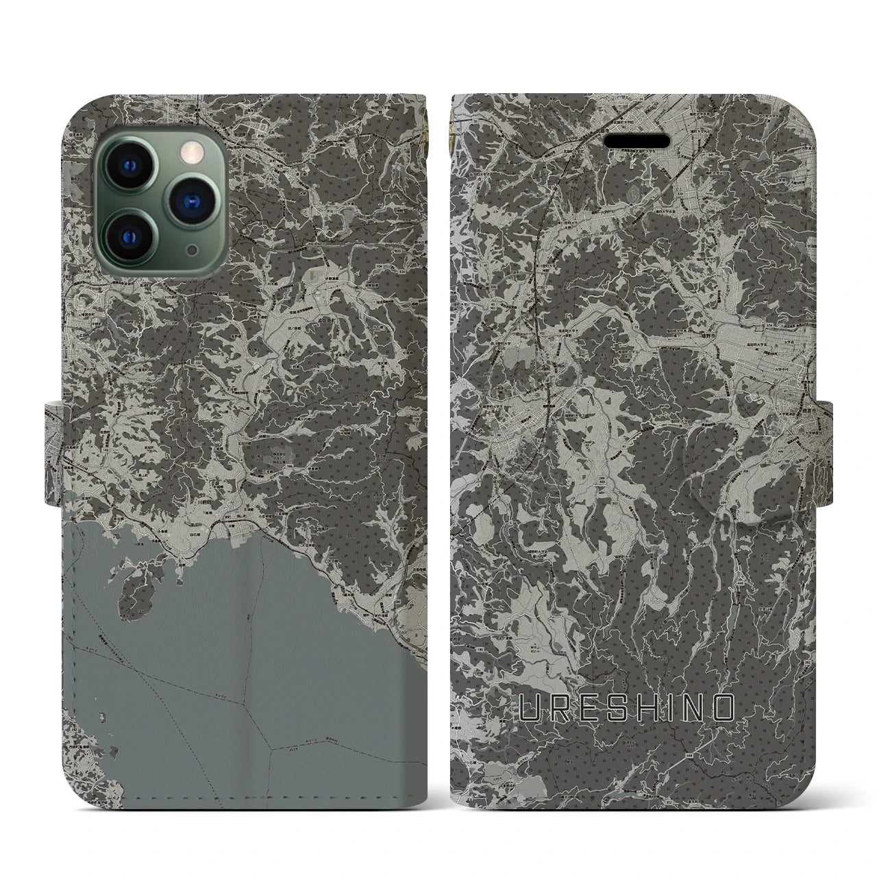 【嬉野(佐賀県)】地図柄iPhoneケース(手帳タイプ)モノトーン・iPhone 11 Pro 用