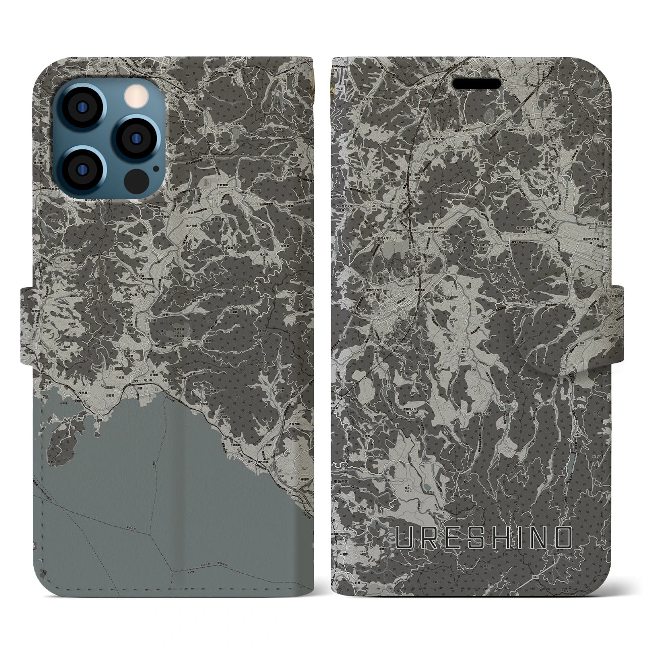 【嬉野(佐賀県)】地図柄iPhoneケース(手帳タイプ)モノトーン・iPhone 12 / 12 Pro 用