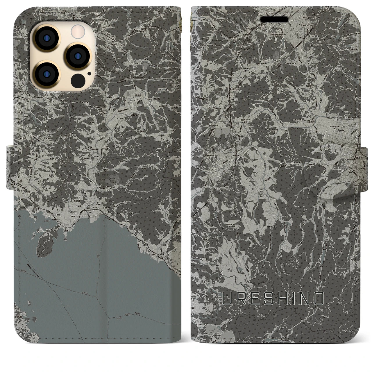 【嬉野(佐賀県)】地図柄iPhoneケース(手帳タイプ)モノトーン・iPhone 12 Pro Max 用