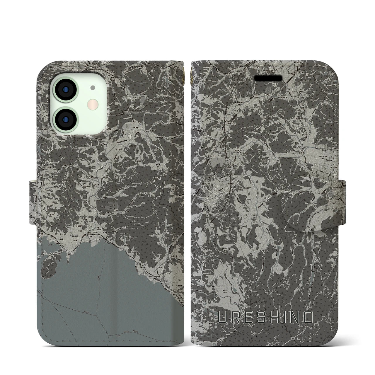 【嬉野(佐賀県)】地図柄iPhoneケース(手帳タイプ)モノトーン・iPhone 12 mini 用