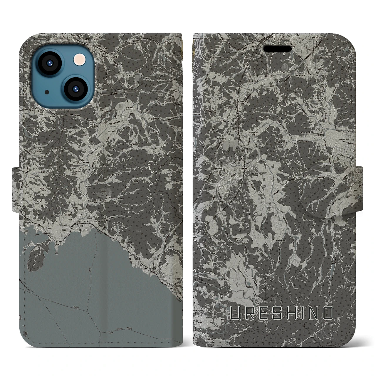 【嬉野(佐賀県)】地図柄iPhoneケース(手帳タイプ)モノトーン・iPhone 13 用