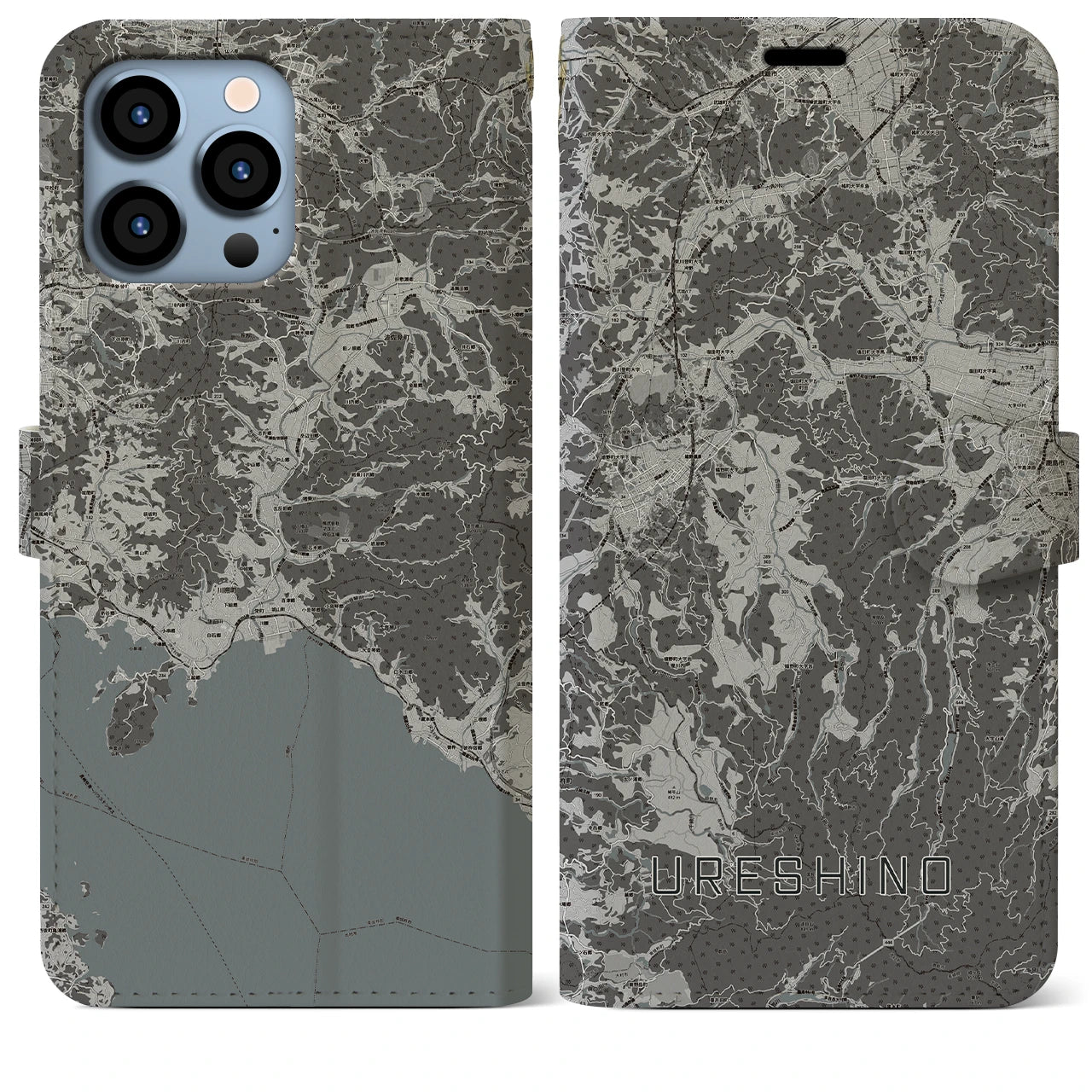 【嬉野(佐賀県)】地図柄iPhoneケース(手帳タイプ)モノトーン・iPhone 13 Pro Max 用