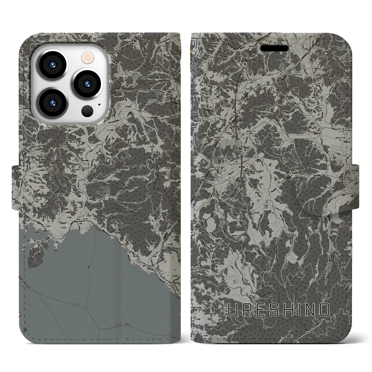 【嬉野(佐賀県)】地図柄iPhoneケース(手帳タイプ)モノトーン・iPhone 13 Pro 用