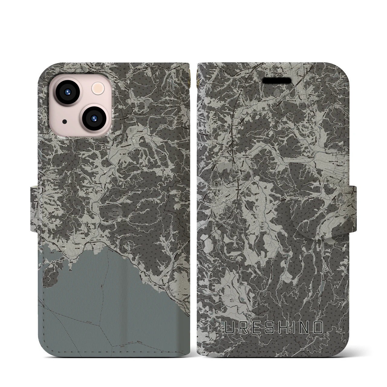 【嬉野(佐賀県)】地図柄iPhoneケース(手帳タイプ)モノトーン・iPhone 13 mini 用