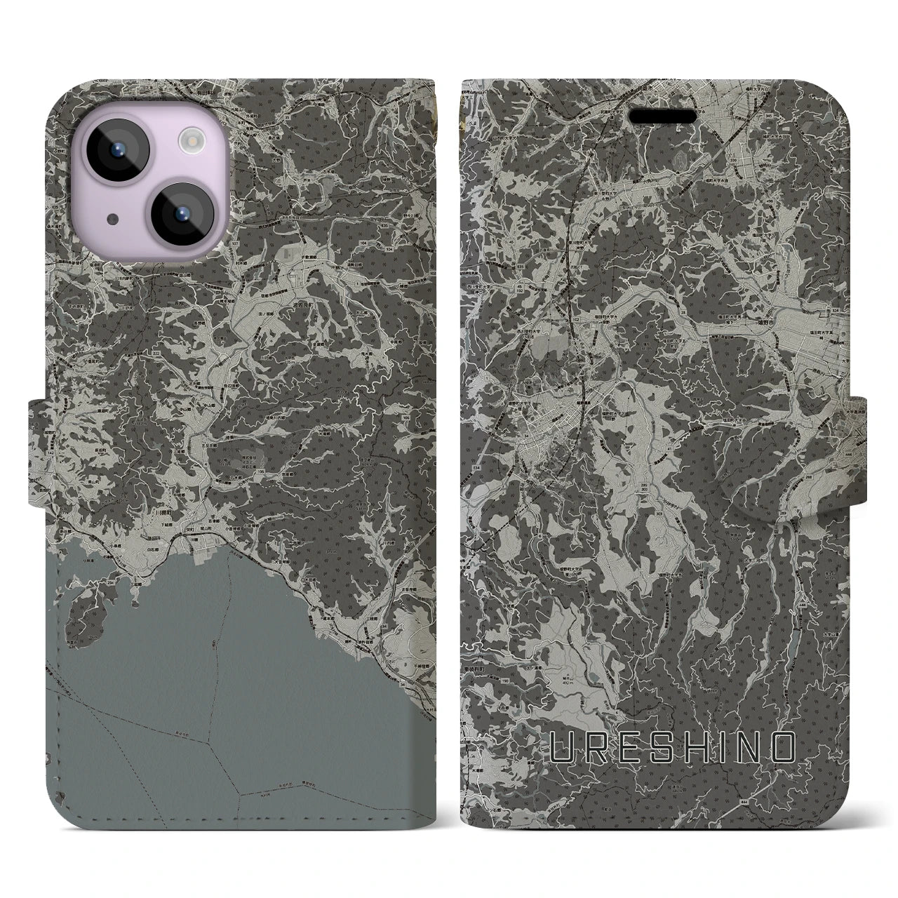 【嬉野(佐賀県)】地図柄iPhoneケース(手帳タイプ)モノトーン・iPhone 14 用