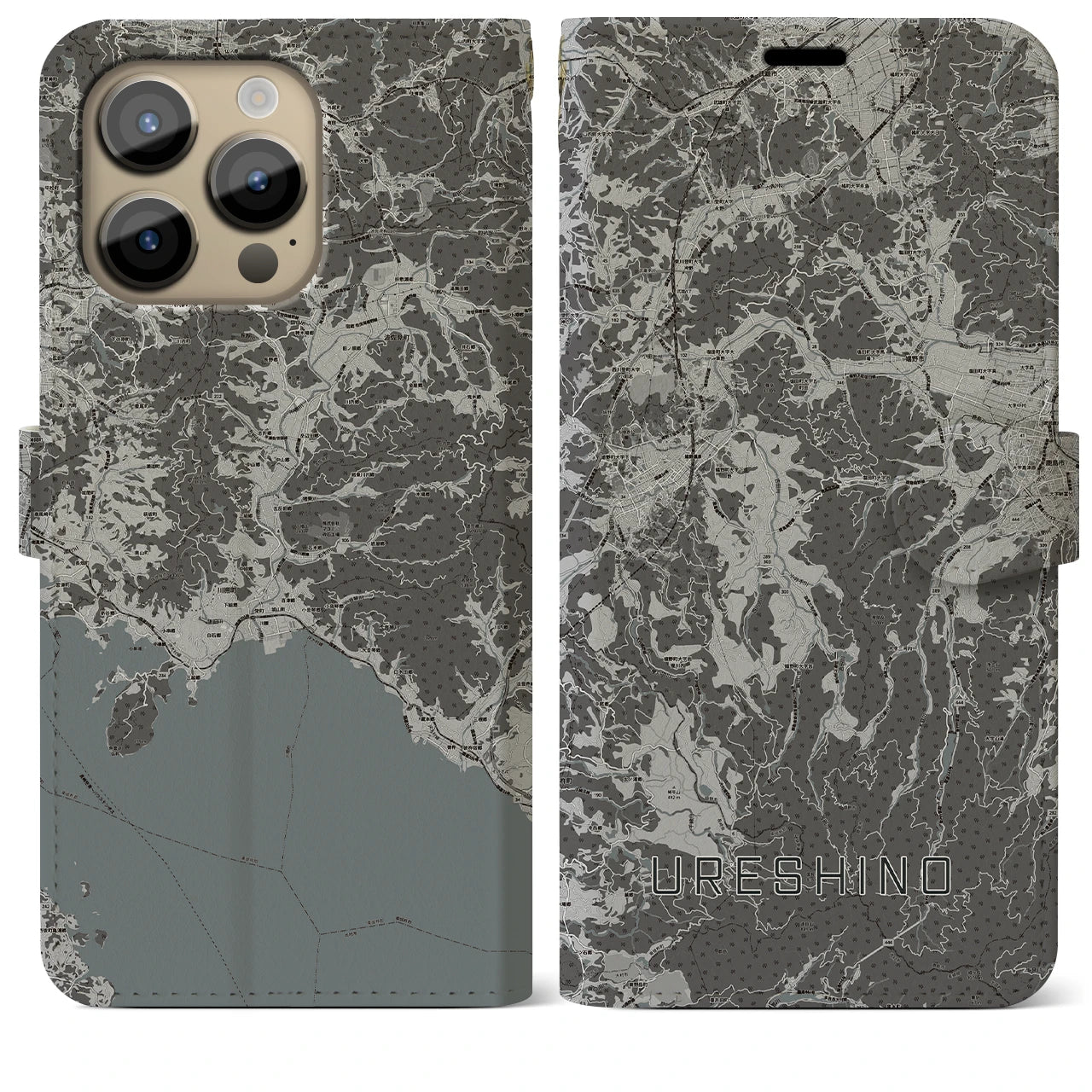 【嬉野(佐賀県)】地図柄iPhoneケース(手帳タイプ)モノトーン・iPhone 14 Pro Max 用
