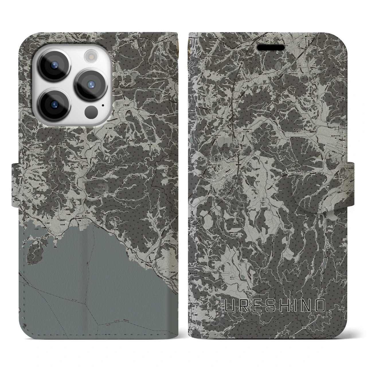 【嬉野(佐賀県)】地図柄iPhoneケース(手帳タイプ)モノトーン・iPhone 14 Pro 用