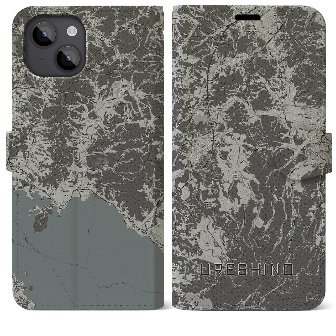 【嬉野(佐賀県)】地図柄iPhoneケース(手帳タイプ)モノトーン・iPhone 14 Plus 用