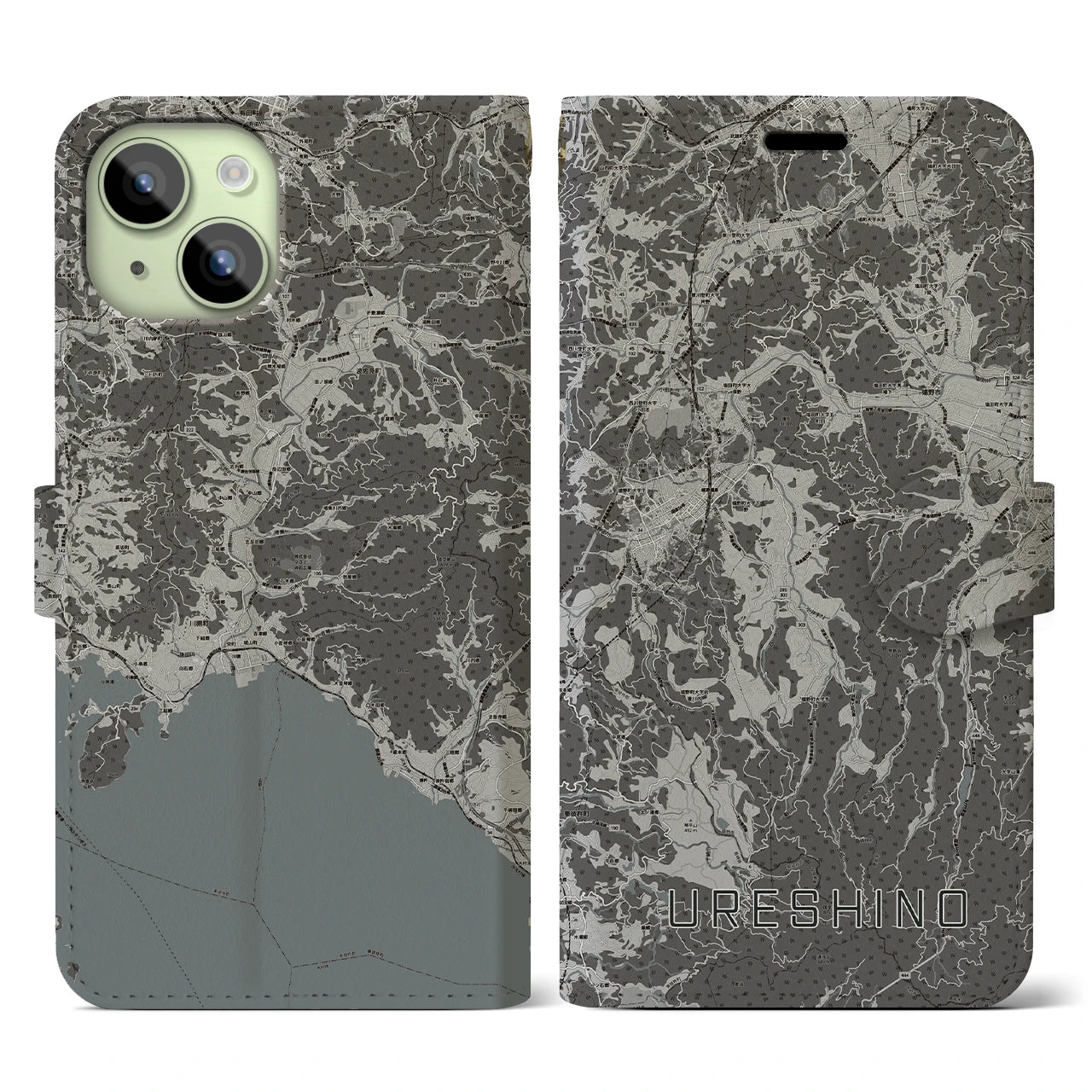 【嬉野(佐賀県)】地図柄iPhoneケース(手帳タイプ)モノトーン・iPhone 15 用