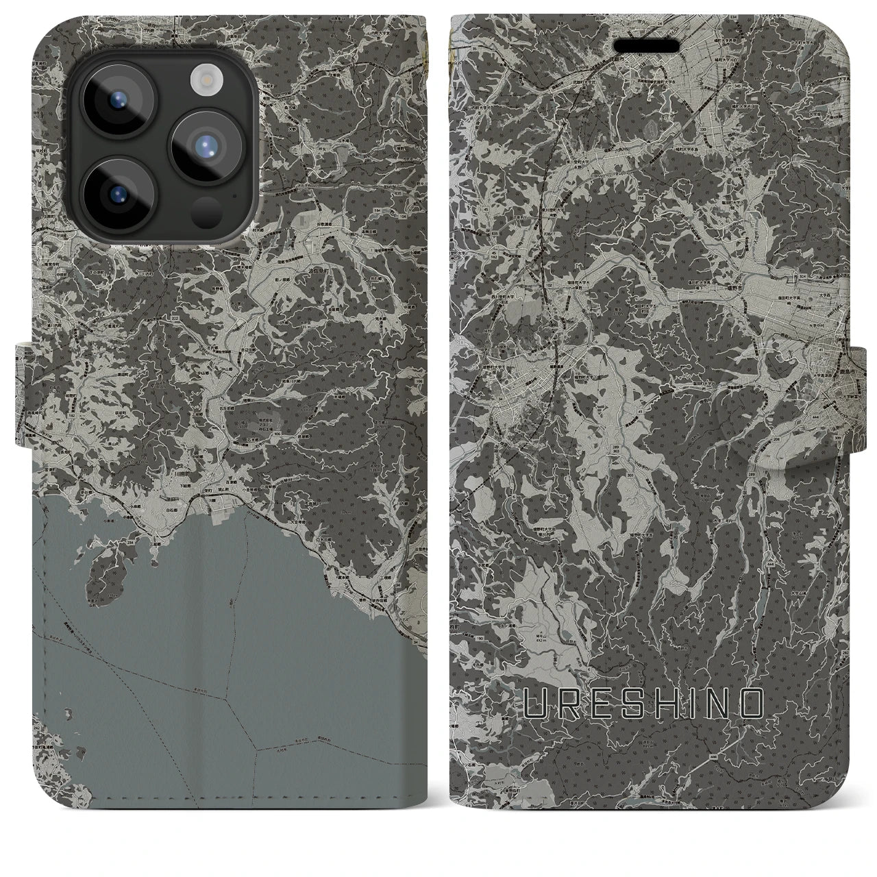 【嬉野(佐賀県)】地図柄iPhoneケース(手帳タイプ)モノトーン・iPhone 15 Pro Max 用