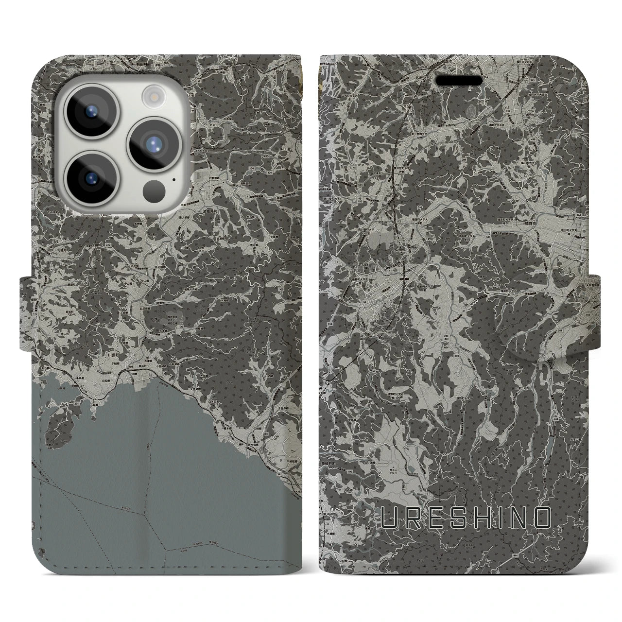【嬉野(佐賀県)】地図柄iPhoneケース(手帳タイプ)モノトーン・iPhone 15 Pro 用