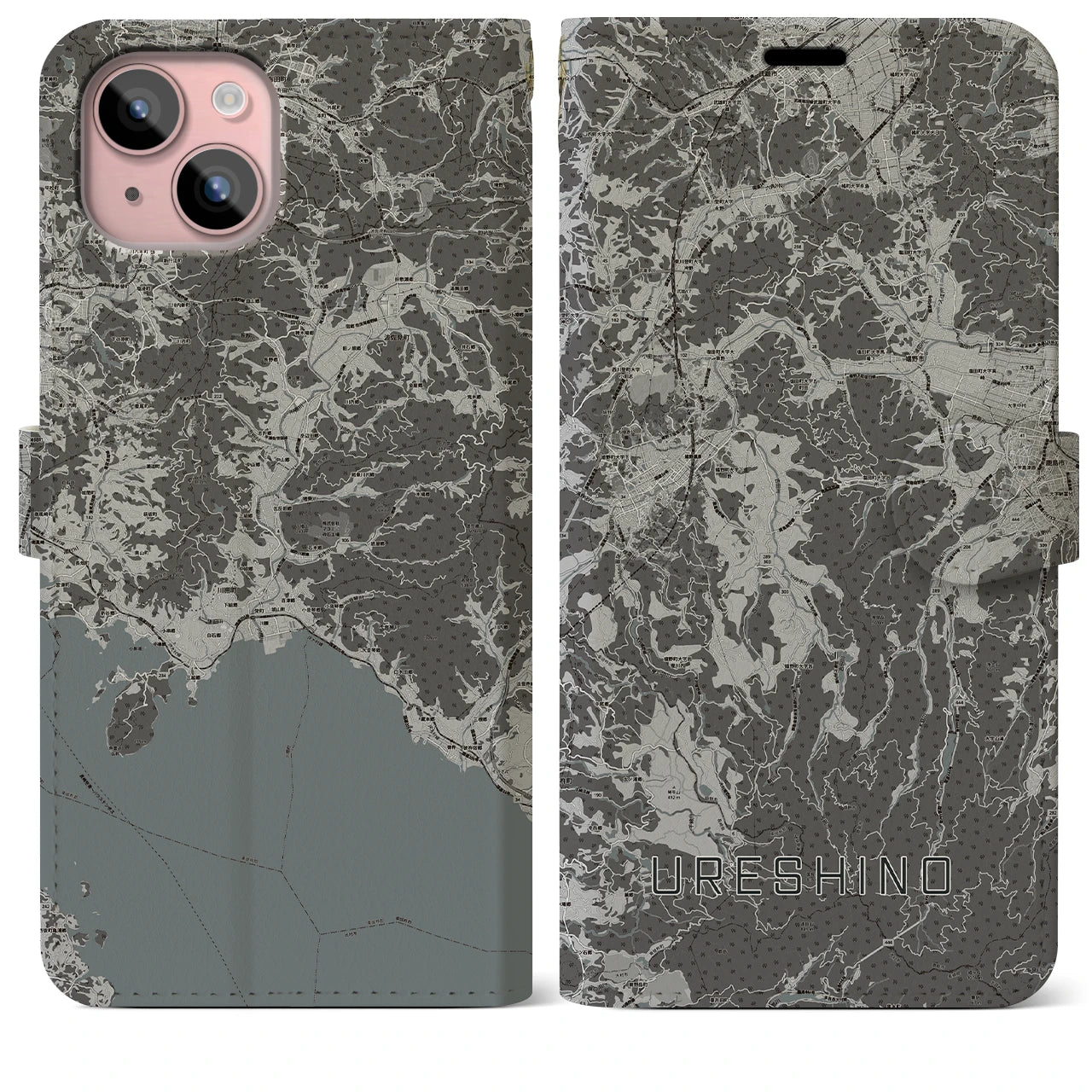 【嬉野(佐賀県)】地図柄iPhoneケース(手帳タイプ)モノトーン・iPhone 15 Plus 用