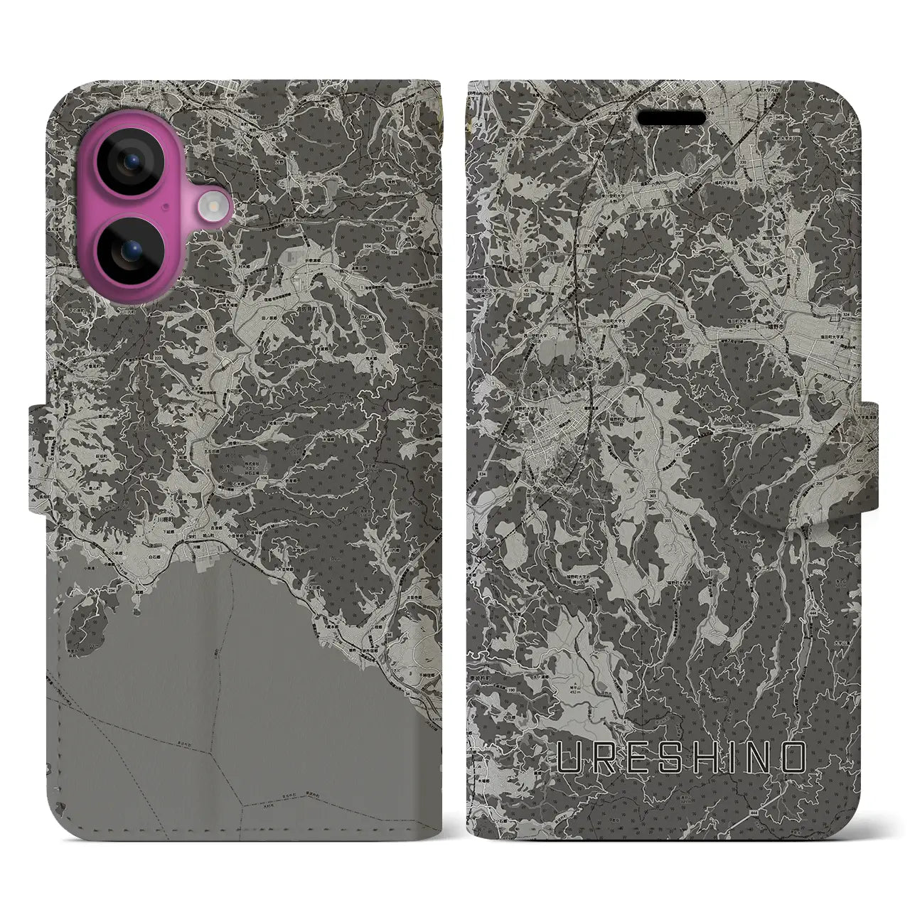 【嬉野(佐賀県)】地図柄iPhoneケース(手帳タイプ)モノトーン・iPhone 16 Pro 用