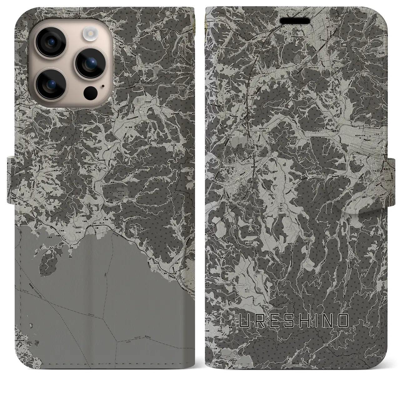 【嬉野(佐賀県)】地図柄iPhoneケース(手帳タイプ)モノトーン・iPhone 16 Plus 用