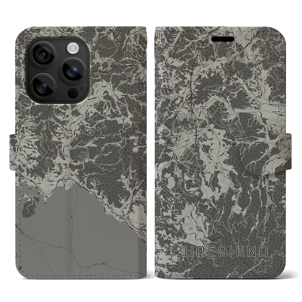 【嬉野(佐賀県)】地図柄iPhoneケース(手帳タイプ)モノトーン・iPhone 16 用