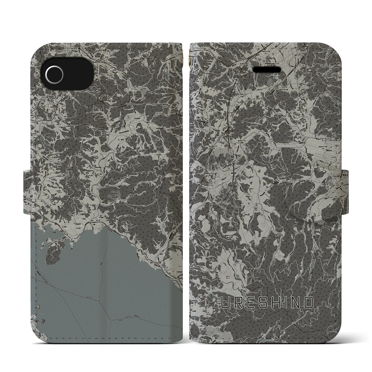 【嬉野(佐賀県)】地図柄iPhoneケース(手帳タイプ)モノトーン・iPhone SE(第3 / 第2世代) / 8 / 7 / 6s / 6 用