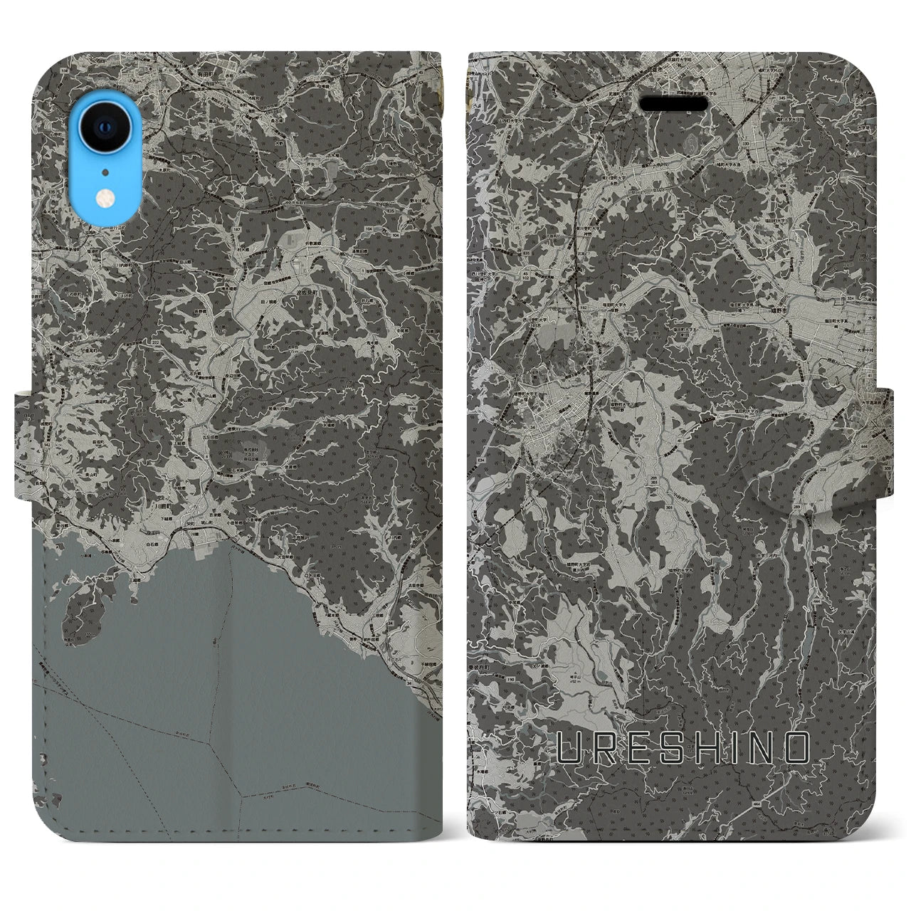 【嬉野(佐賀県)】地図柄iPhoneケース(手帳タイプ)モノトーン・iPhone XR 用