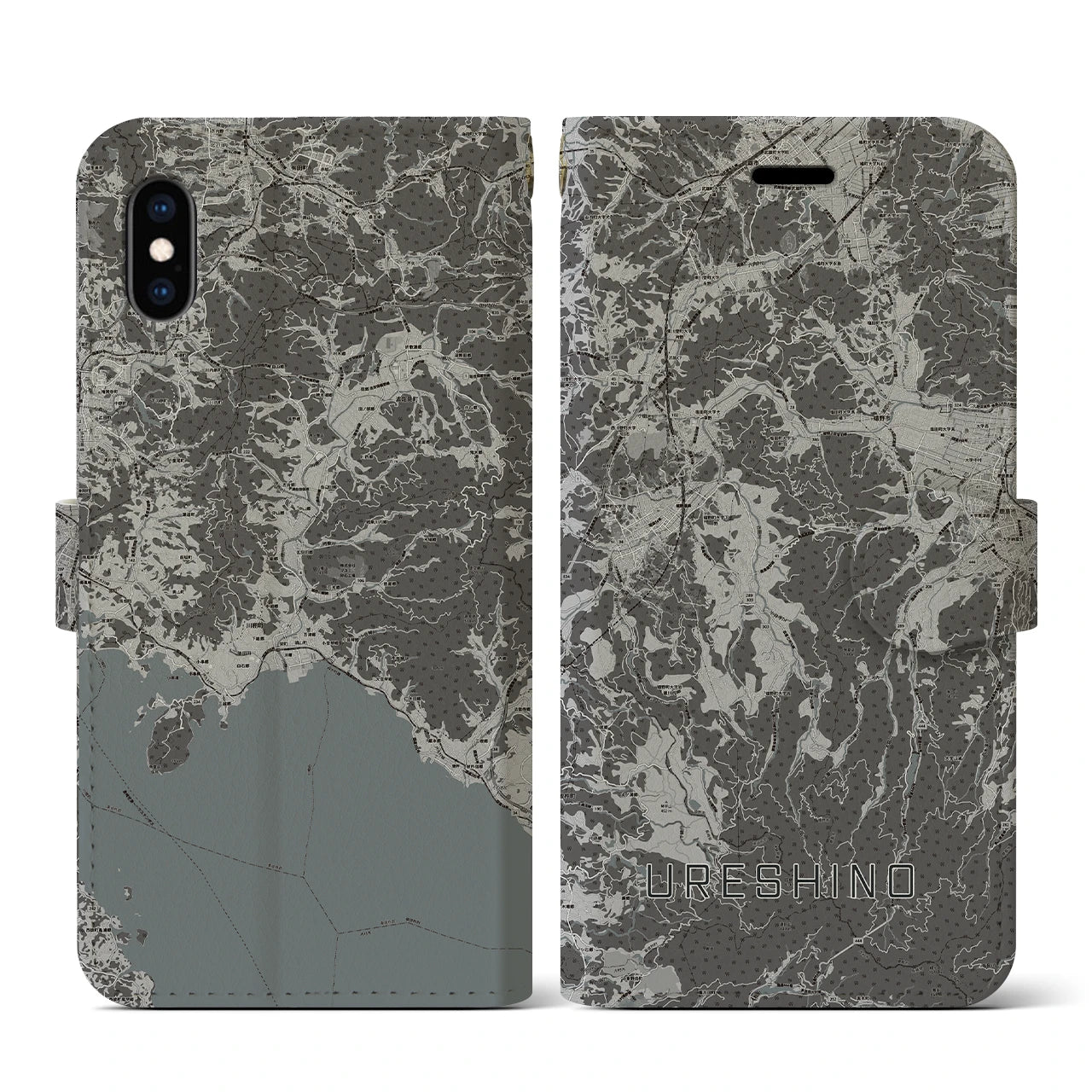 【嬉野(佐賀県)】地図柄iPhoneケース(手帳タイプ)モノトーン・iPhone XS / X 用