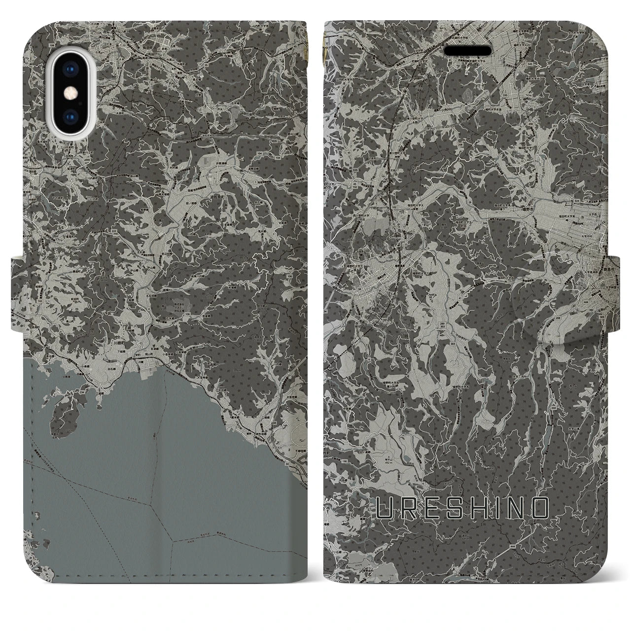 【嬉野(佐賀県)】地図柄iPhoneケース(手帳タイプ)モノトーン・iPhone XS Max 用