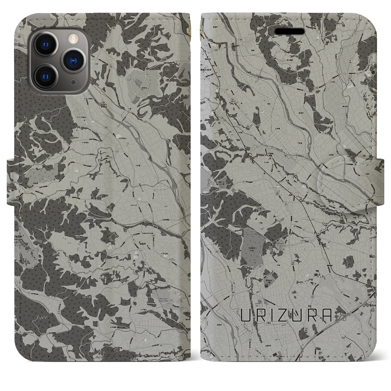 【瓜連(茨城県)】地図柄iPhoneケース(手帳タイプ)モノトーン・iPhone 11 Pro Max 用