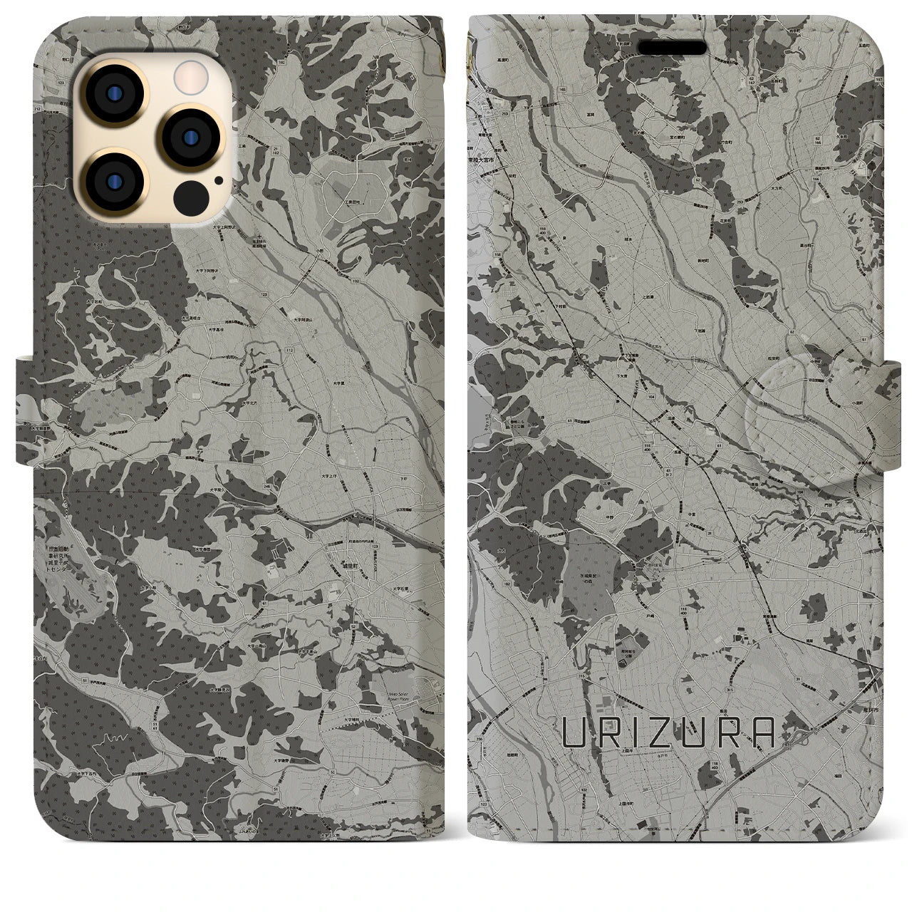 【瓜連(茨城県)】地図柄iPhoneケース(手帳タイプ)モノトーン・iPhone 12 Pro Max 用