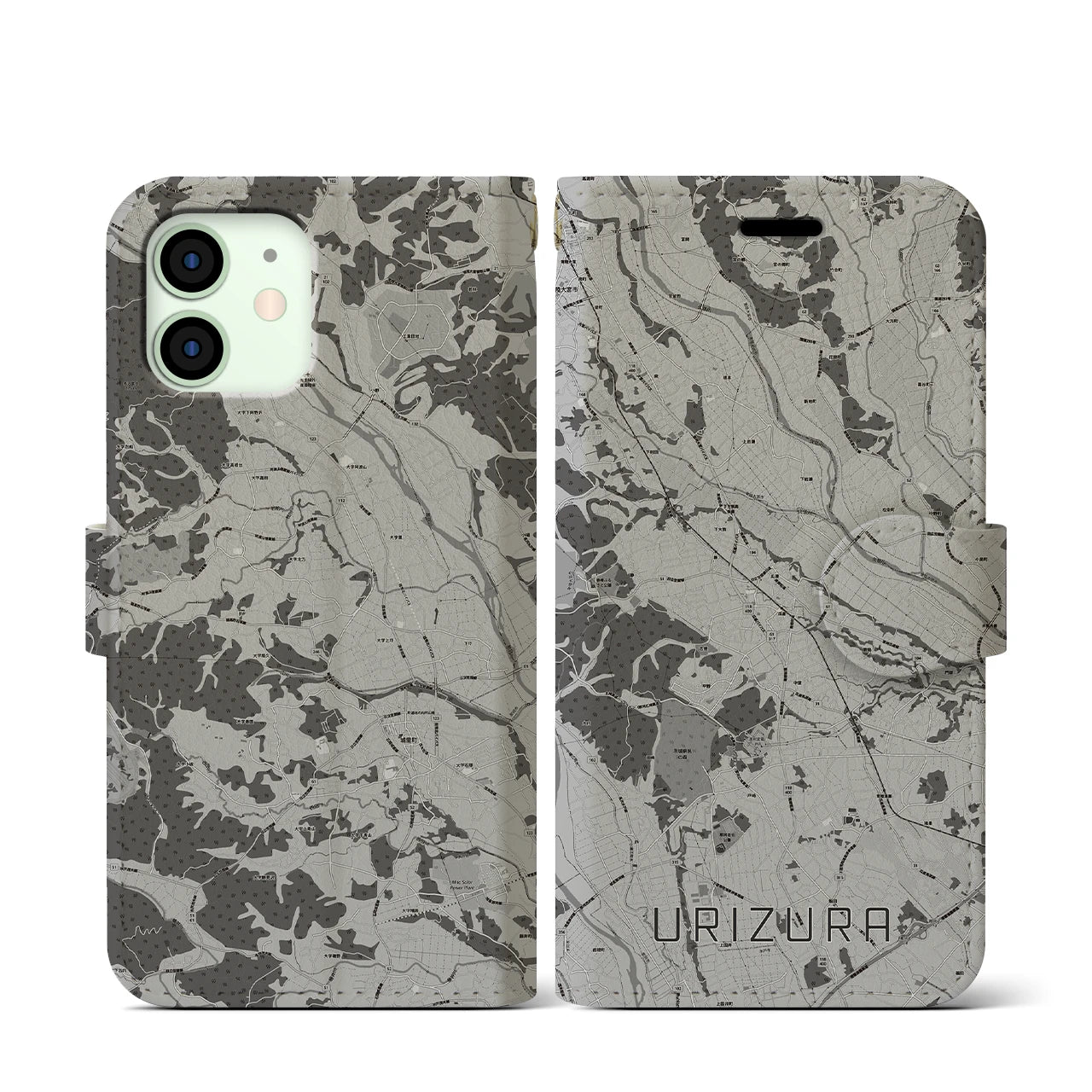 【瓜連(茨城県)】地図柄iPhoneケース(手帳タイプ)モノトーン・iPhone 12 mini 用