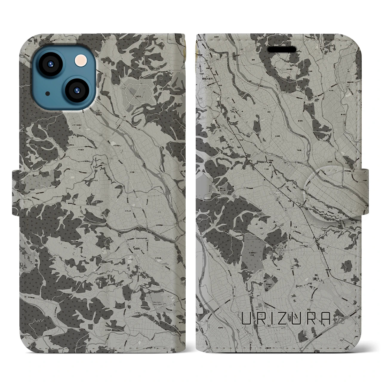 【瓜連(茨城県)】地図柄iPhoneケース(手帳タイプ)モノトーン・iPhone 13 用