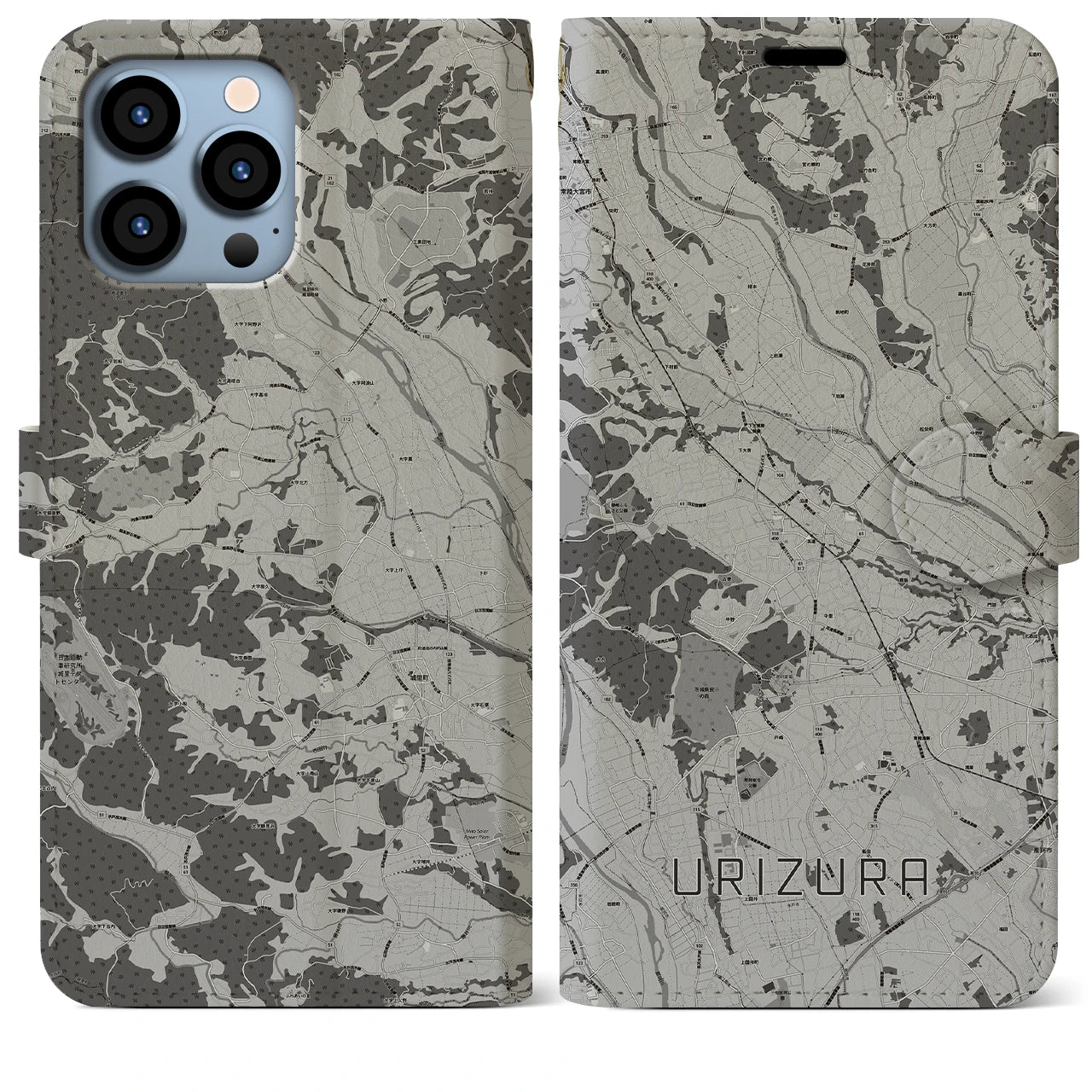 【瓜連(茨城県)】地図柄iPhoneケース(手帳タイプ)モノトーン・iPhone 13 Pro Max 用