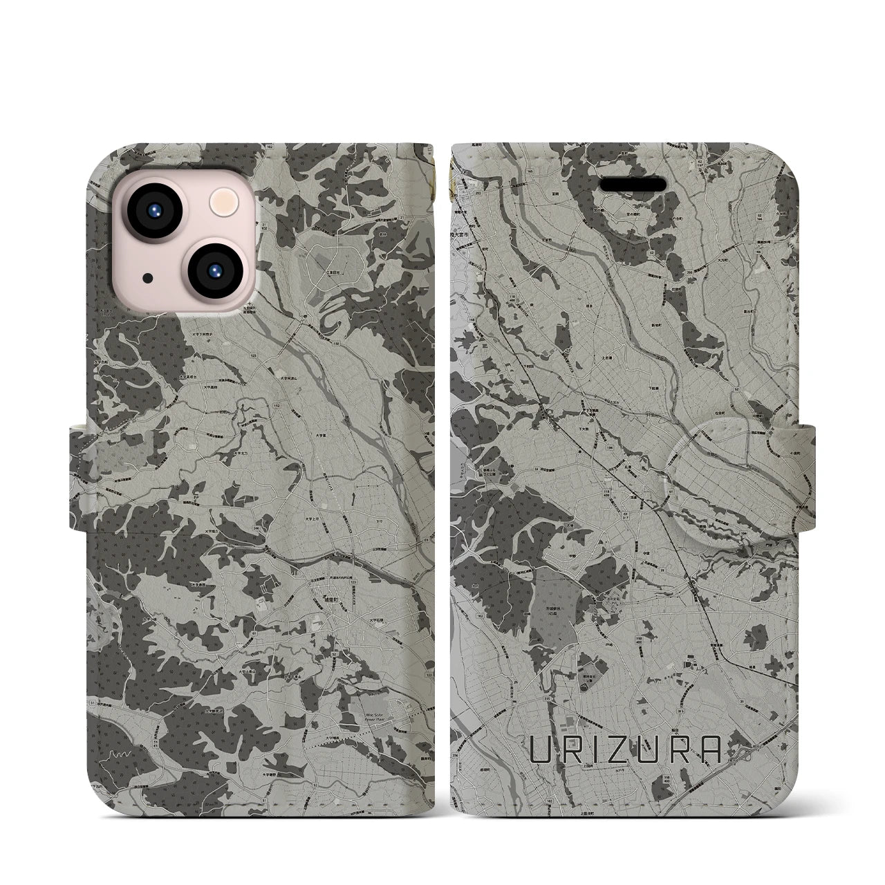 【瓜連(茨城県)】地図柄iPhoneケース(手帳タイプ)モノトーン・iPhone 13 mini 用