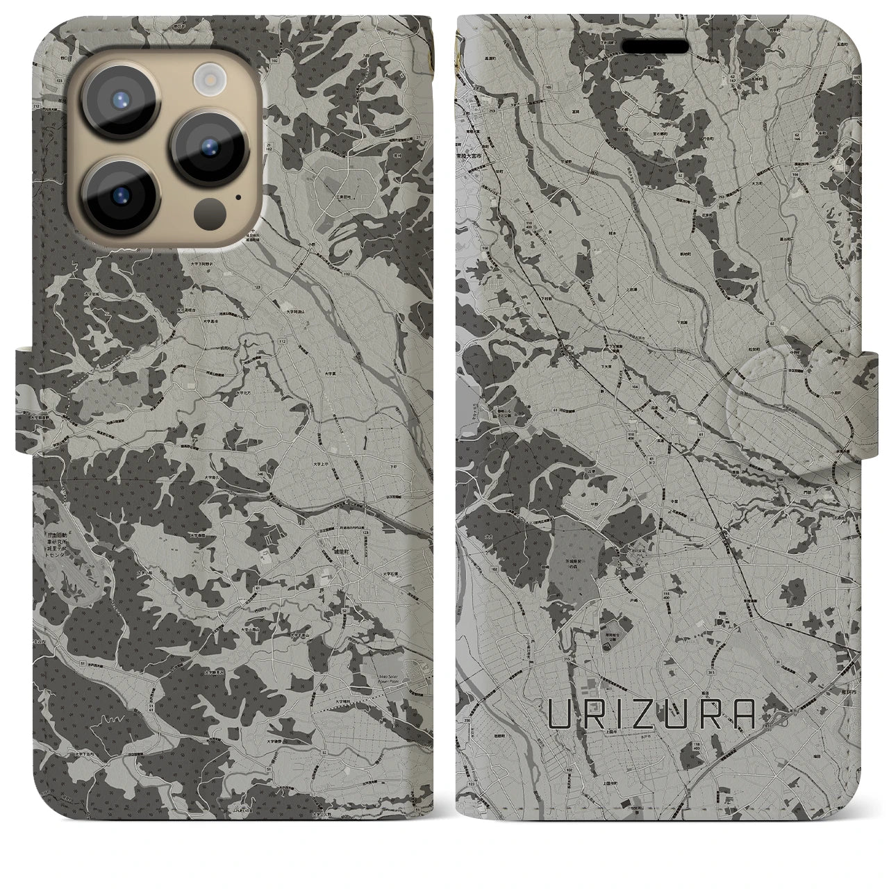 【瓜連(茨城県)】地図柄iPhoneケース(手帳タイプ)モノトーン・iPhone 14 Pro Max 用