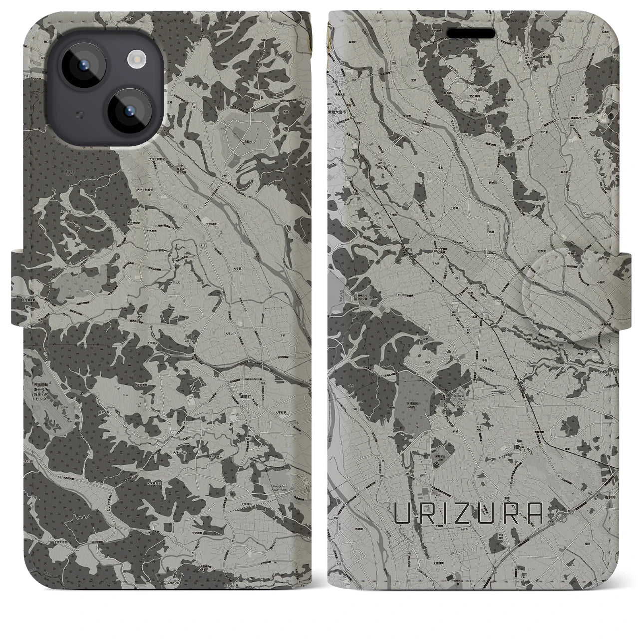 【瓜連(茨城県)】地図柄iPhoneケース(手帳タイプ)モノトーン・iPhone 14 Plus 用