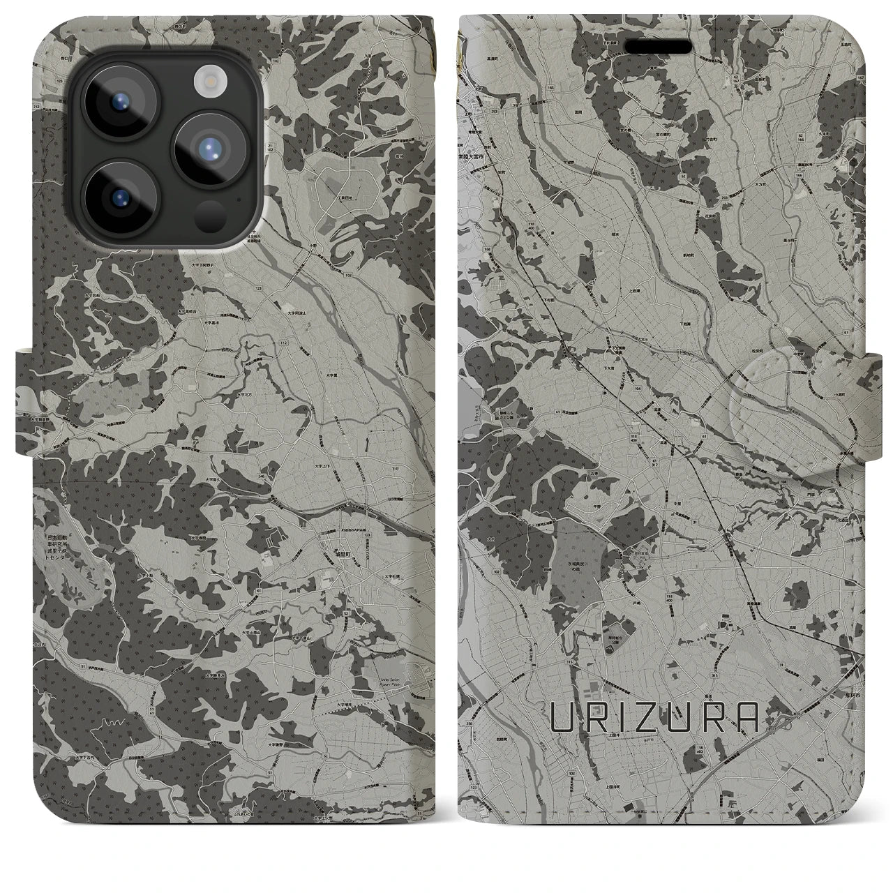 【瓜連(茨城県)】地図柄iPhoneケース(手帳タイプ)モノトーン・iPhone 15 Pro Max 用