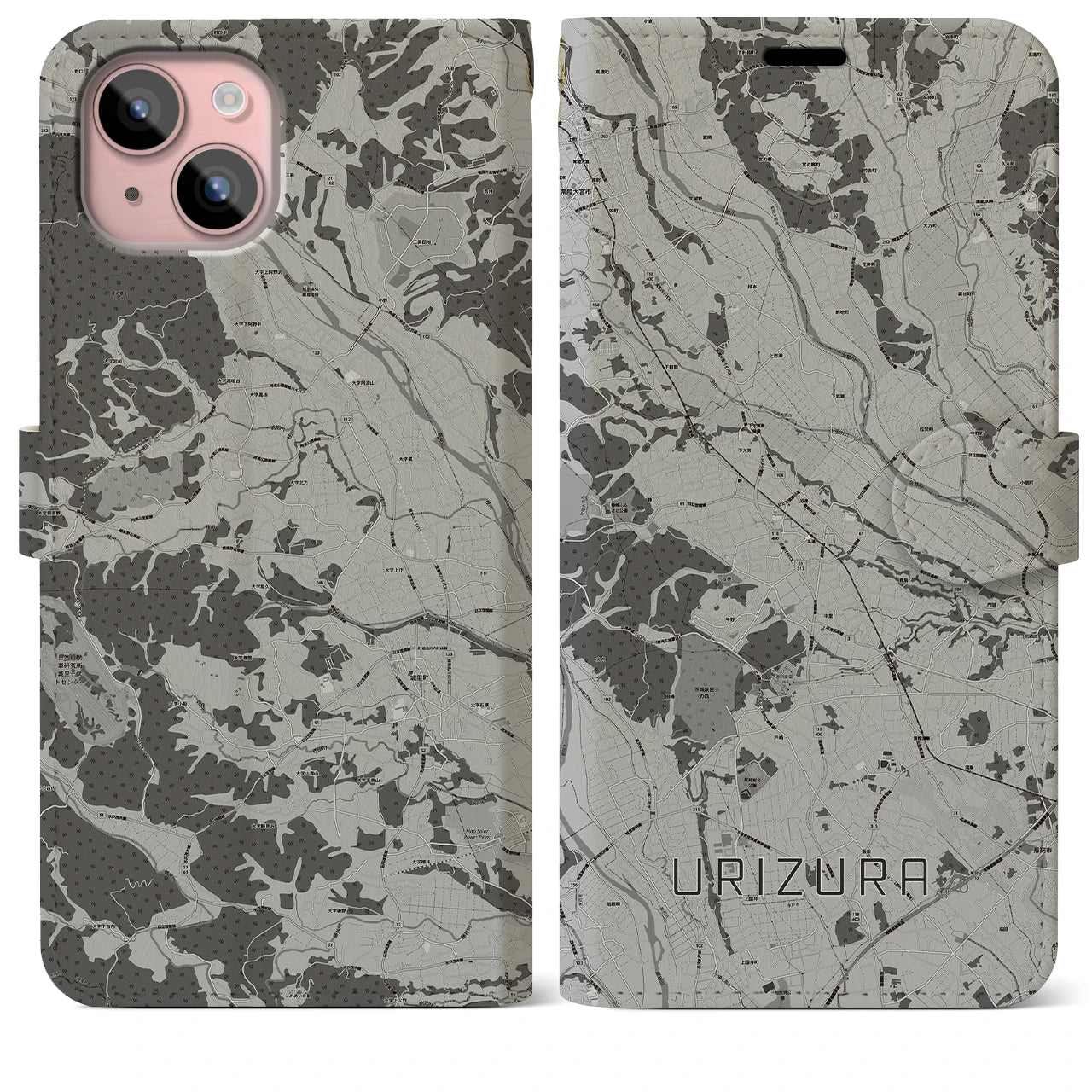 【瓜連(茨城県)】地図柄iPhoneケース(手帳タイプ)モノトーン・iPhone 15 Plus 用