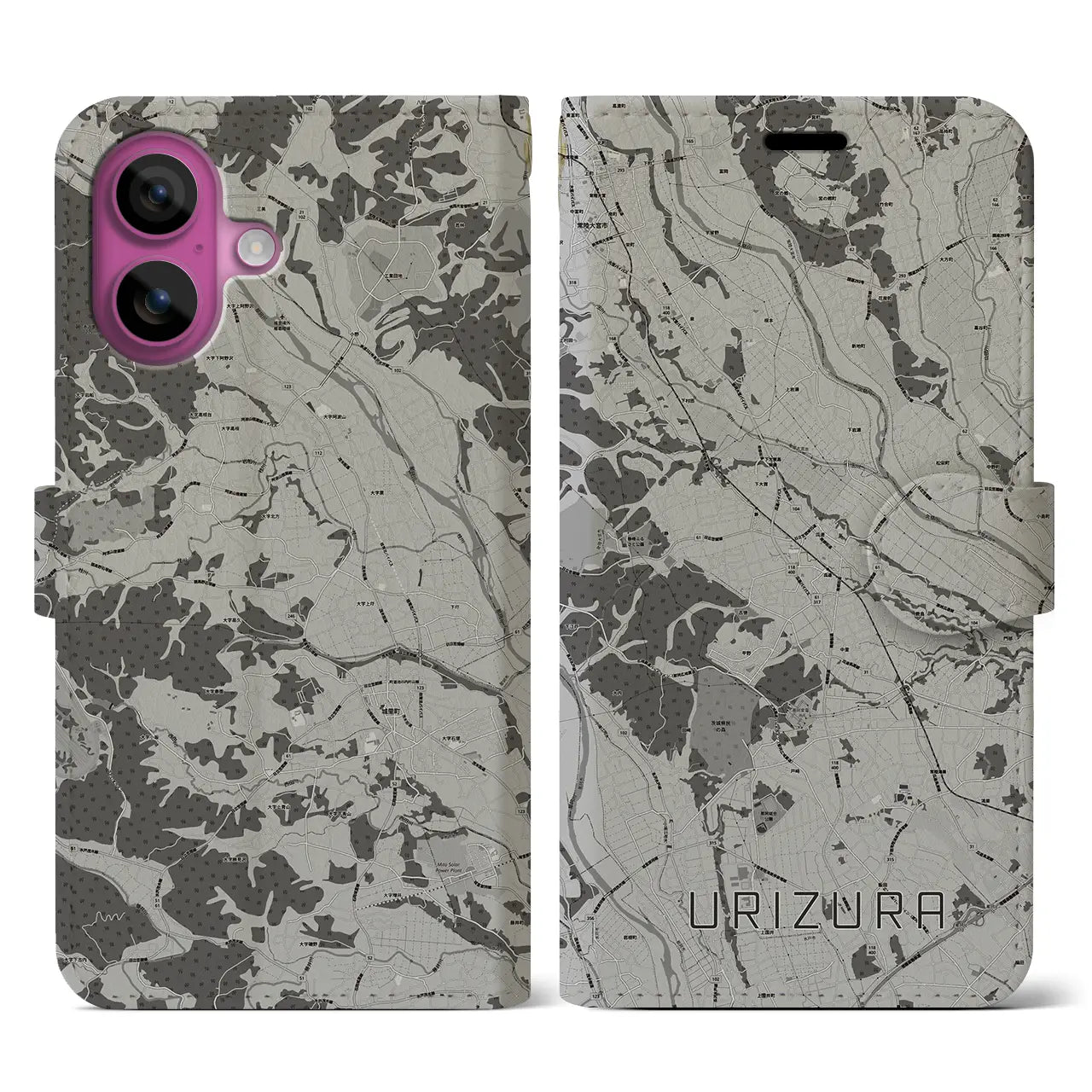 【瓜連(茨城県)】地図柄iPhoneケース(手帳タイプ)モノトーン・iPhone 16 Pro 用