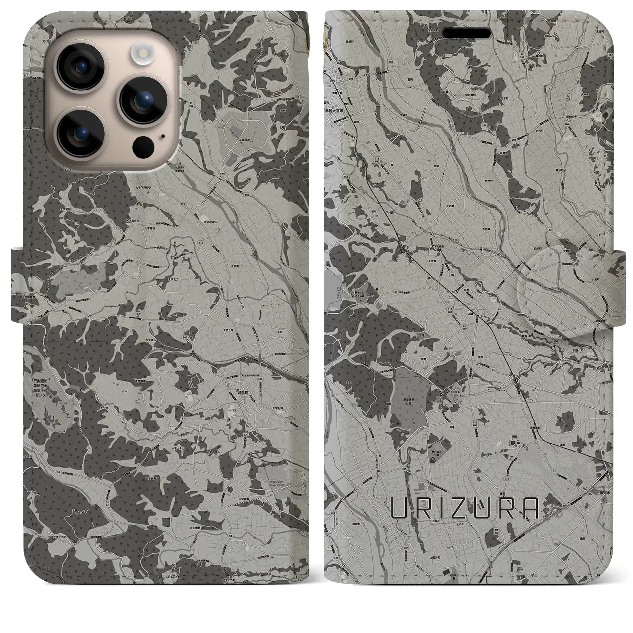 【瓜連(茨城県)】地図柄iPhoneケース(手帳タイプ)モノトーン・iPhone 16 Plus 用