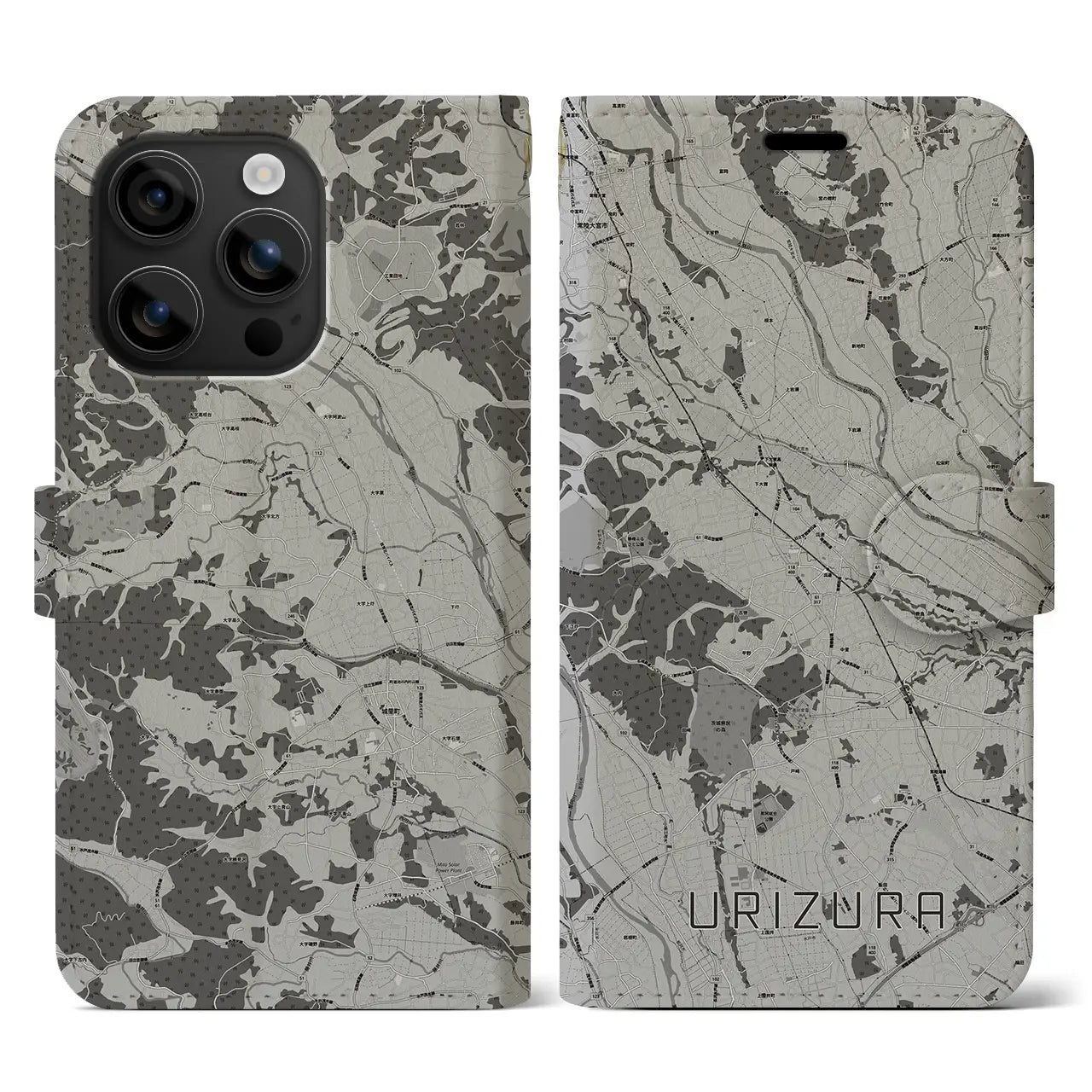 【瓜連(茨城県)】地図柄iPhoneケース(手帳タイプ)モノトーン・iPhone 16 用