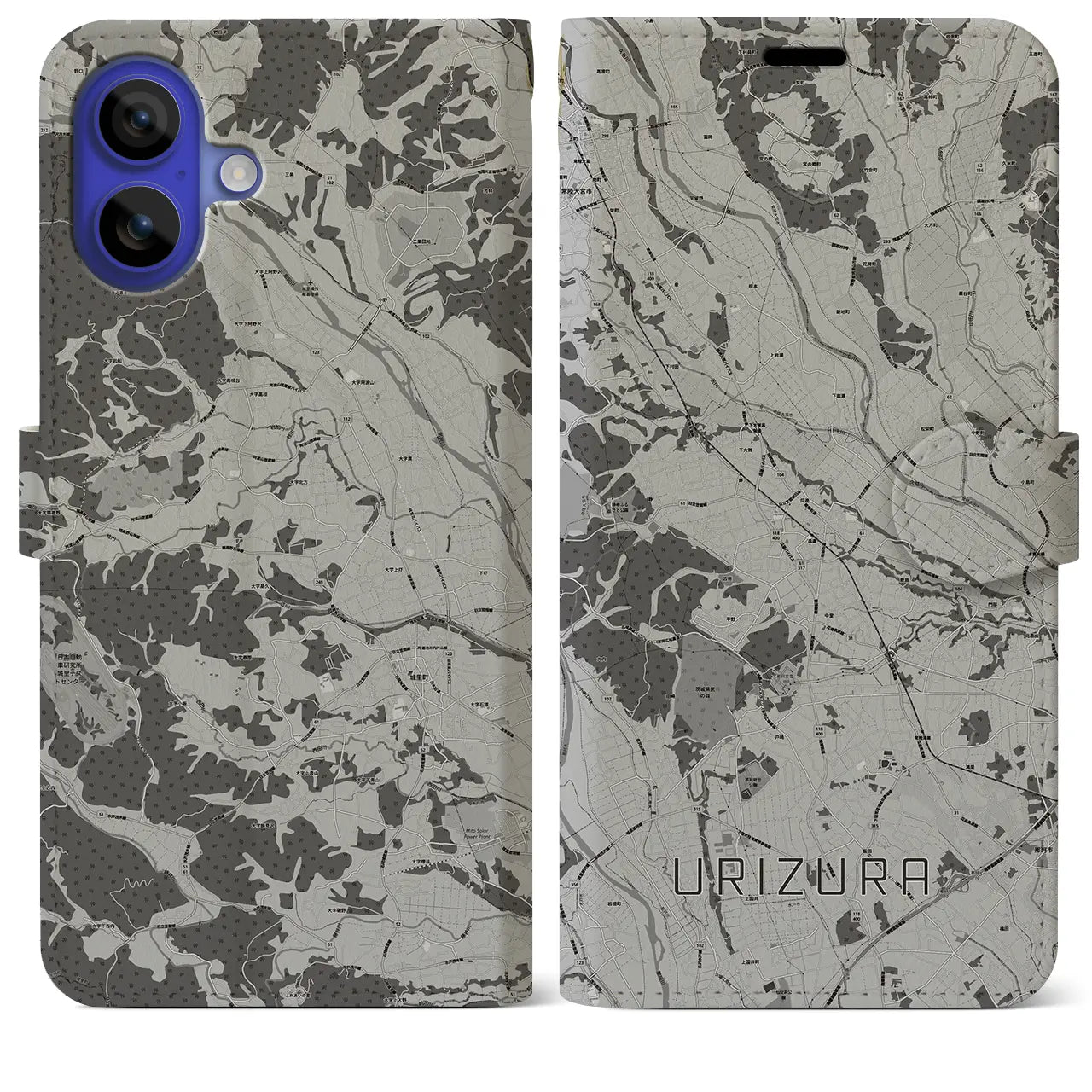 【瓜連(茨城県)】地図柄iPhoneケース(手帳タイプ)モノトーン・iPhone 16 Pro Max 用
