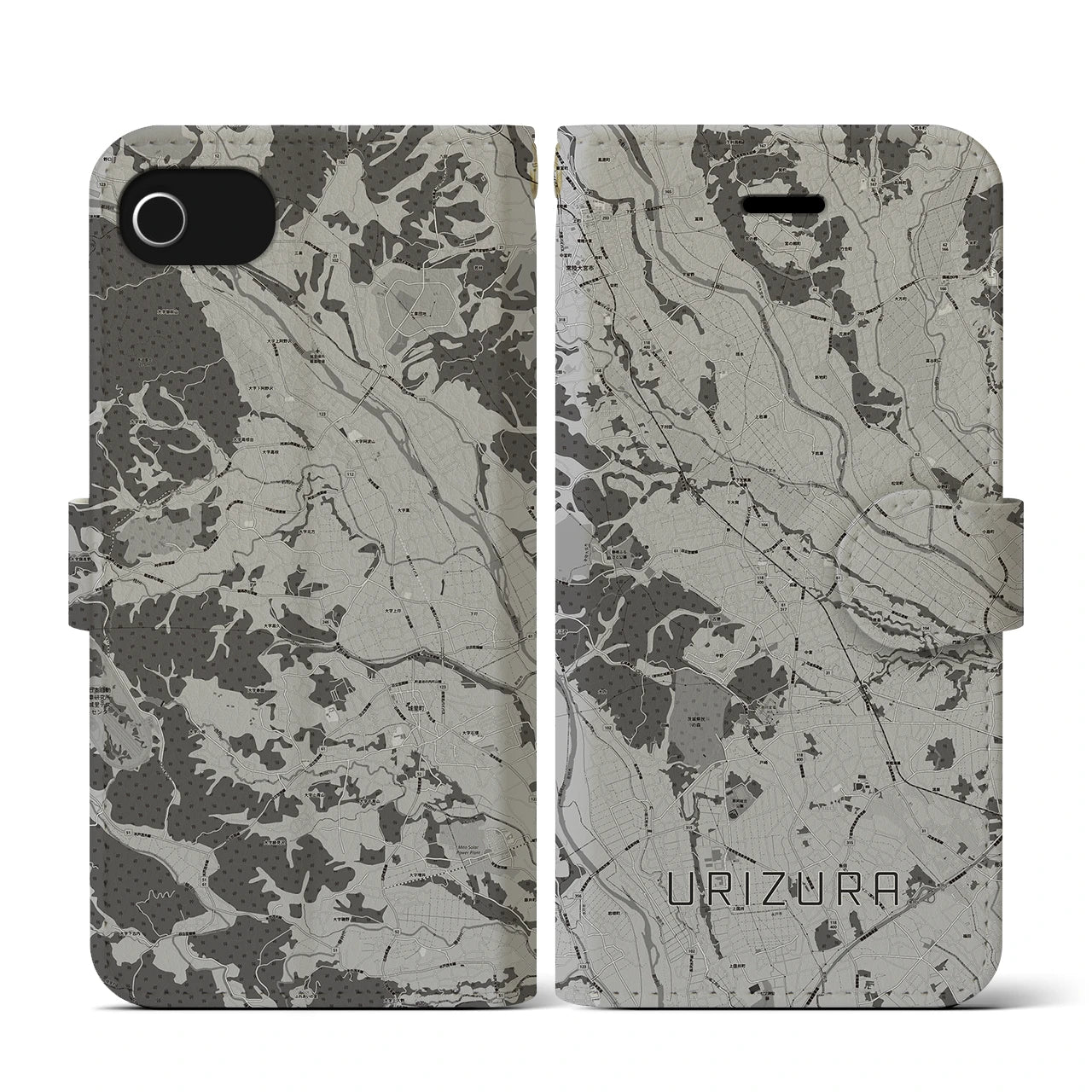 【瓜連(茨城県)】地図柄iPhoneケース(手帳タイプ)モノトーン・iPhone SE(第3 / 第2世代) / 8 / 7 / 6s / 6 用