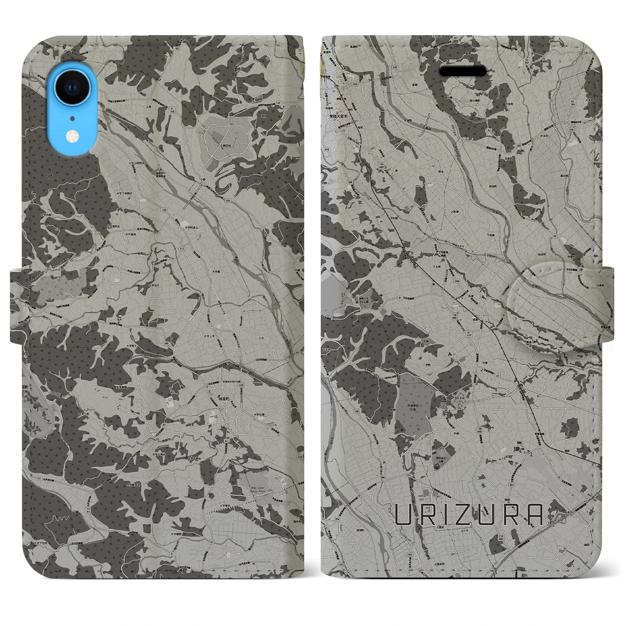 【瓜連(茨城県)】地図柄iPhoneケース(手帳タイプ)モノトーン・iPhone XR 用