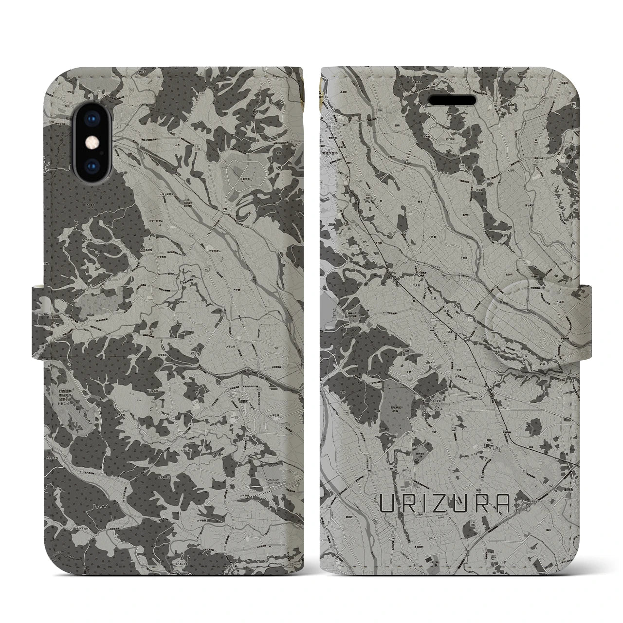【瓜連(茨城県)】地図柄iPhoneケース(手帳タイプ)モノトーン・iPhone XS / X 用
