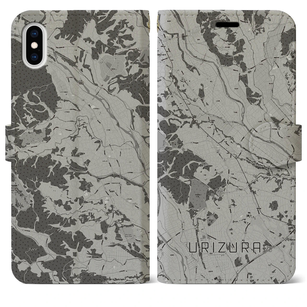 【瓜連(茨城県)】地図柄iPhoneケース(手帳タイプ)モノトーン・iPhone XS Max 用