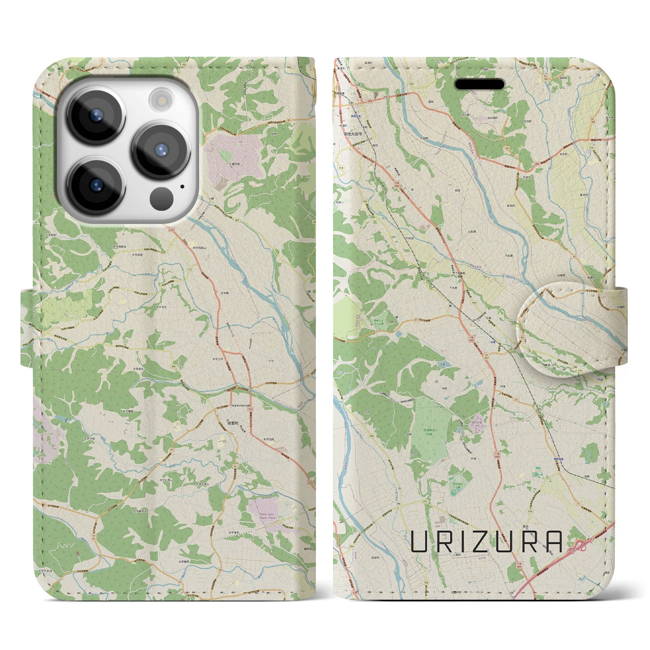 【瓜連(茨城県)】地図柄iPhoneケース(手帳タイプ)ナチュラル・iPhone 14 Pro 用